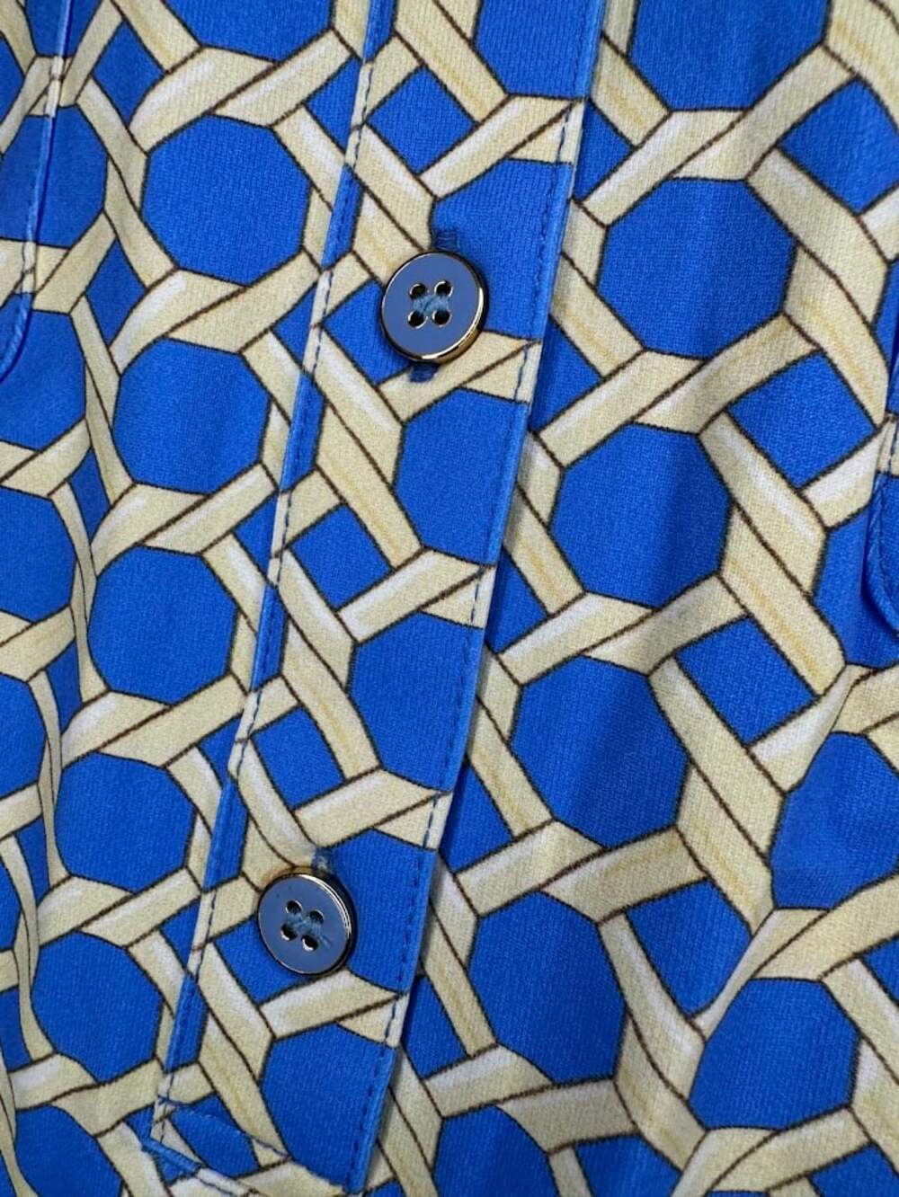 Geometric Print Collared Button Front Midi Dress Blue Cream XS - Picture 5 of 5